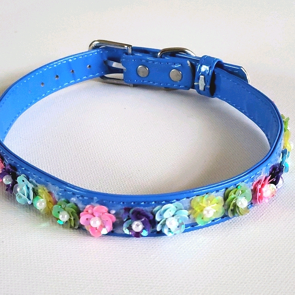 Dog Collar Blue Faux Patent Leather w/ Flowers